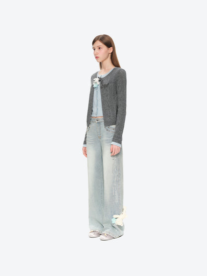 13DE MARZO Luminous Bear Layered Knit Cardigan Grey