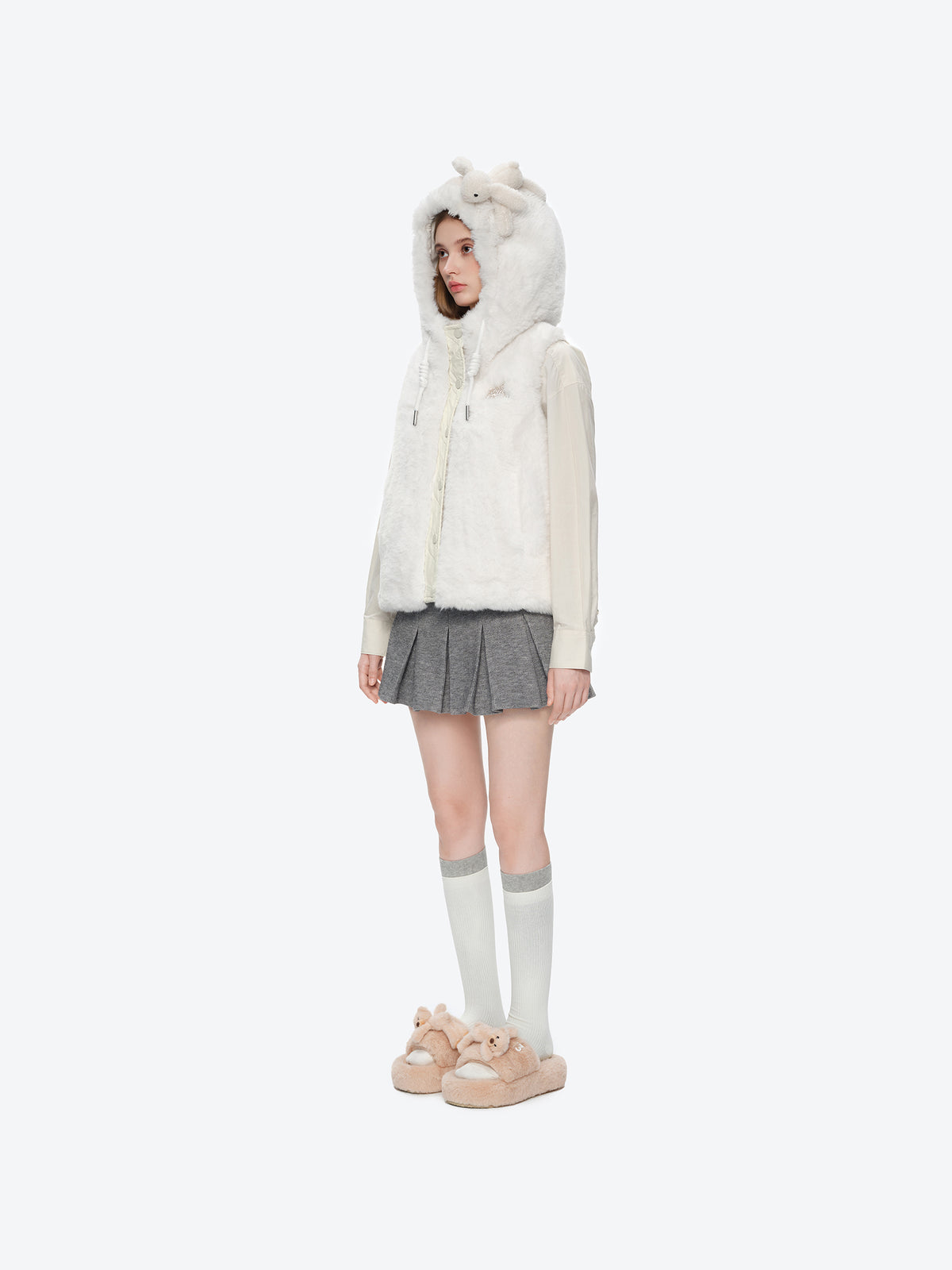 13DE MARZO Patchwork Down Hooded Vest Beige