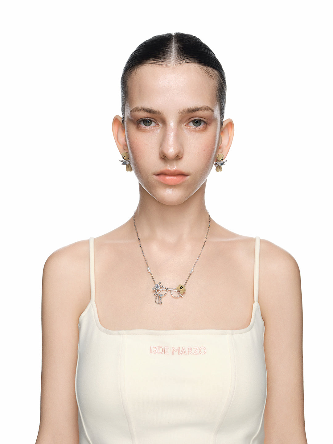 13DE MARZO Bow Crystal Rhinestone Bear Ear Studs