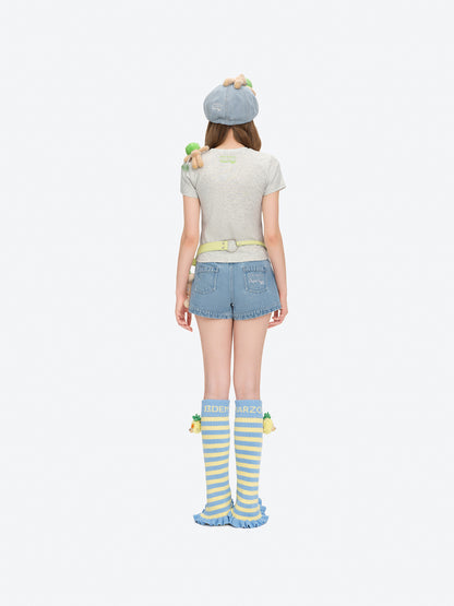 13DE MARZO Fruit Illustration Fitted T-shirt Grey - 13DE MARZO