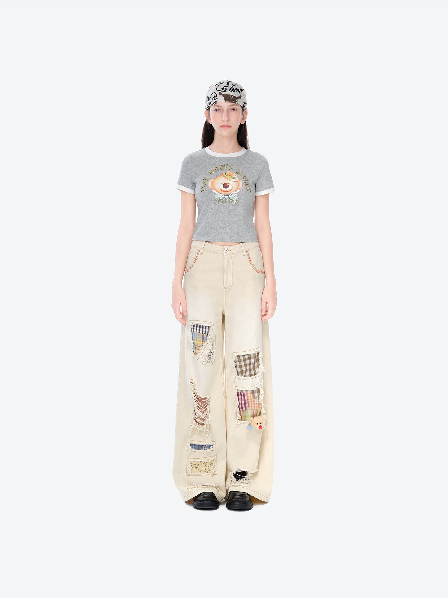 13DE MARZO Ripped Check Wide-Leg Trousers Beige - 13DE MARZO