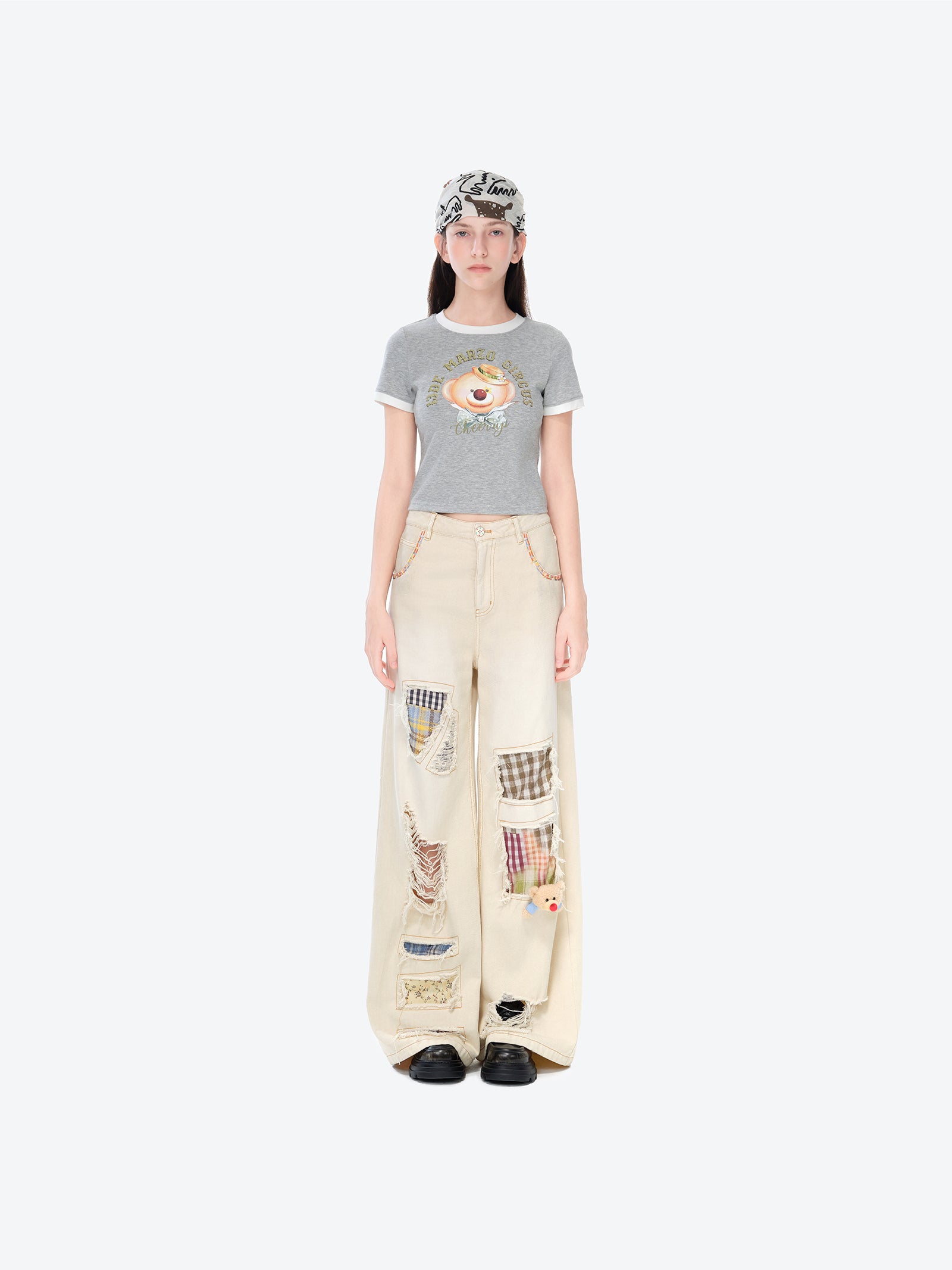 13DE MARZO Ripped Check Wide-Leg Trousers Beige - 13DE MARZO