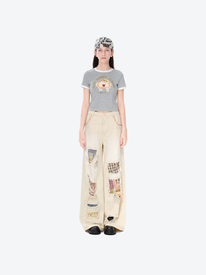 13DE MARZO Ripped Check Wide-Leg Trousers Beige - 13DE MARZO