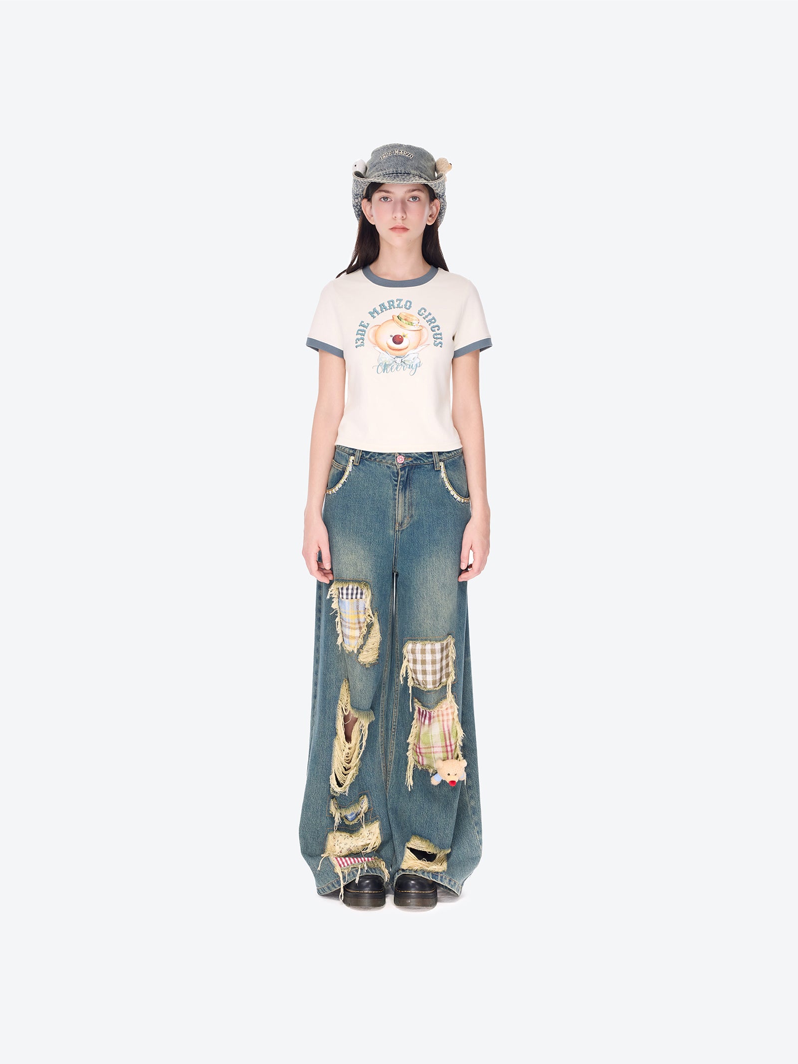 13DE MARZO Ripped Check Wide-Leg Trousers Blue - 13DE MARZO