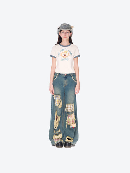 13DE MARZO Ripped Check Wide-Leg Trousers Blue - 13DE MARZO