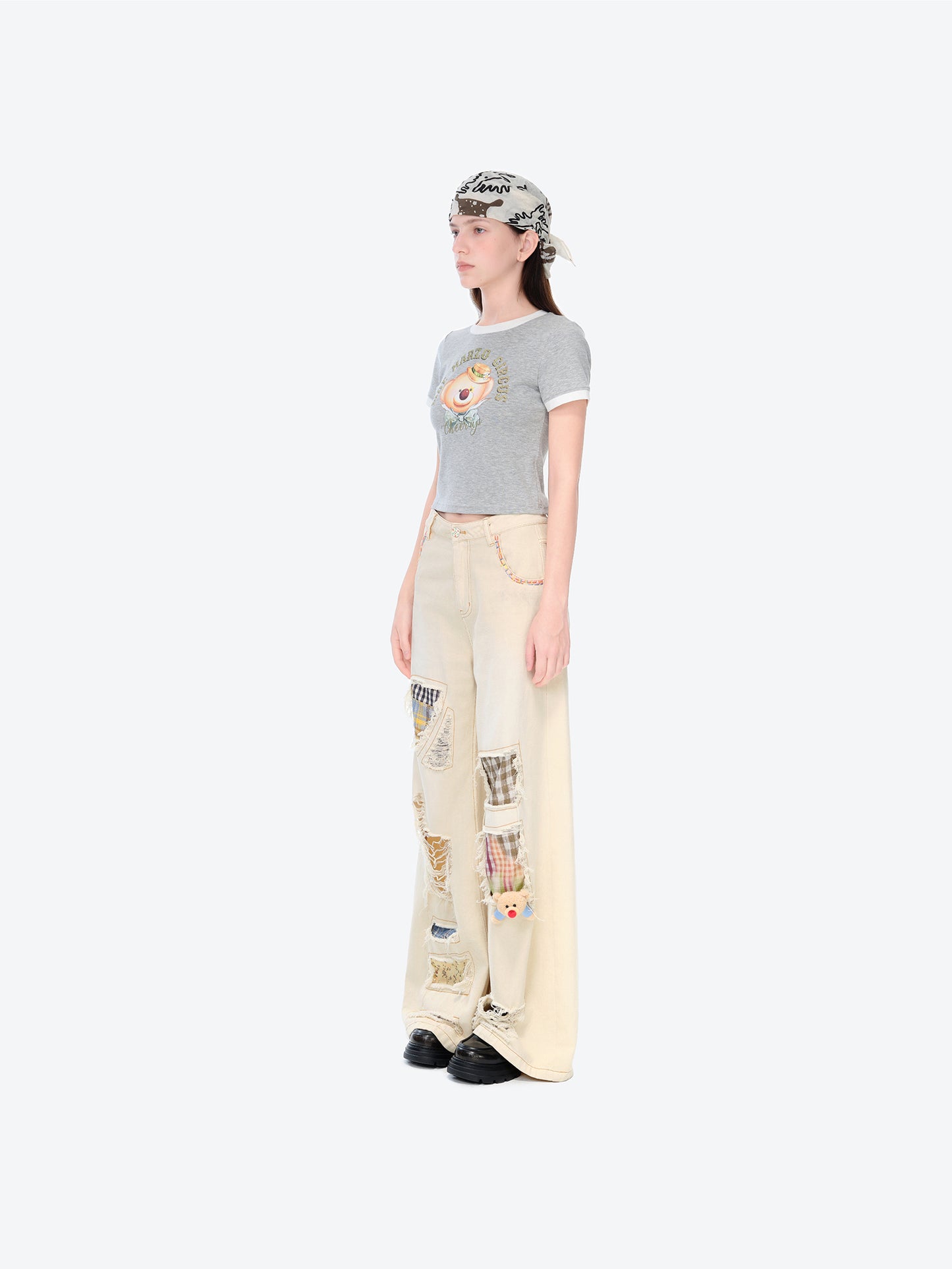 13DE MARZO Ripped Check Wide-Leg Trousers Beige - 13DE MARZO