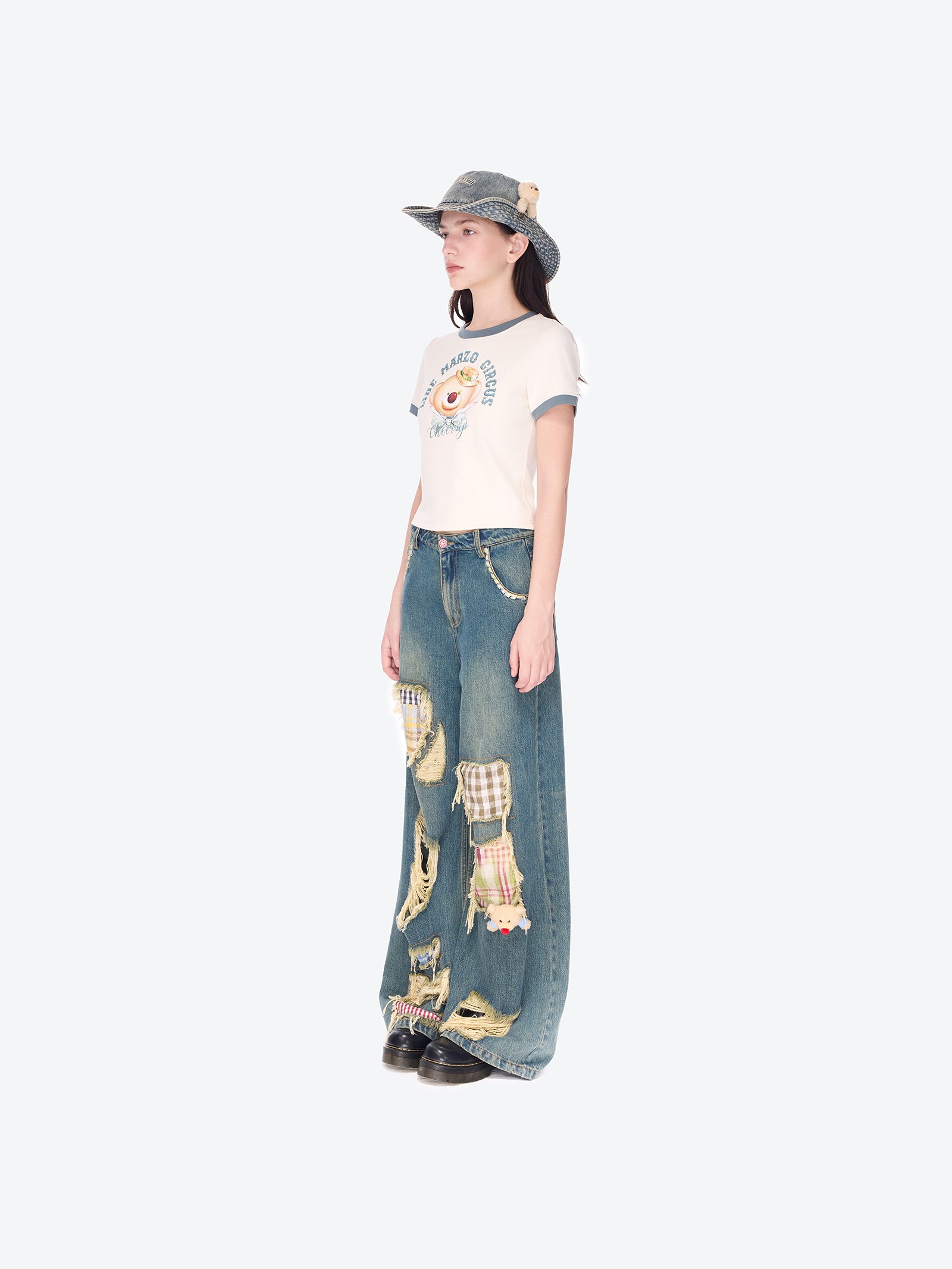 13DE MARZO Ripped Check Wide-Leg Trousers Blue - 13DE MARZO