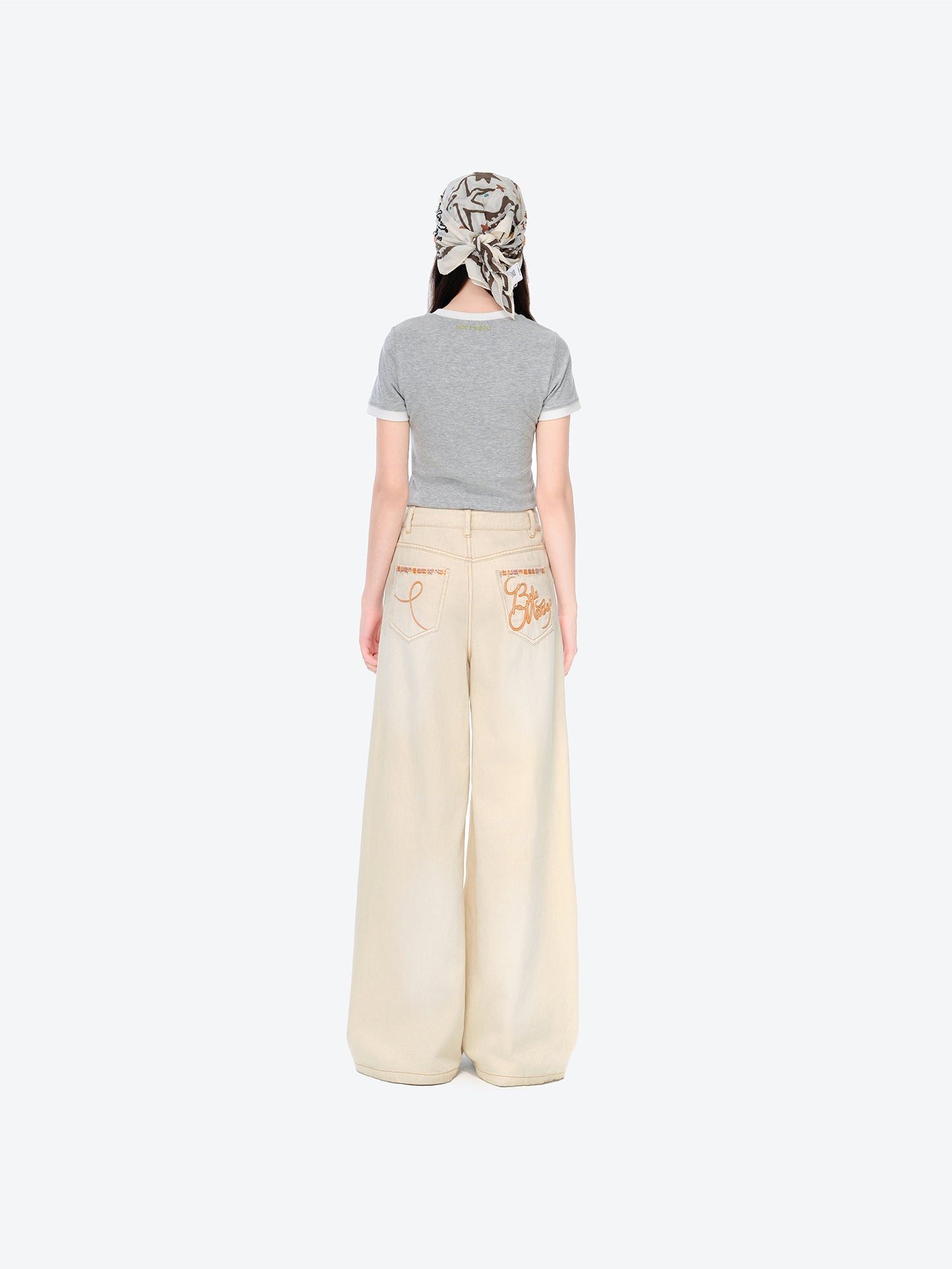 13DE MARZO Ripped Check Wide-Leg Trousers Beige - 13DE MARZO