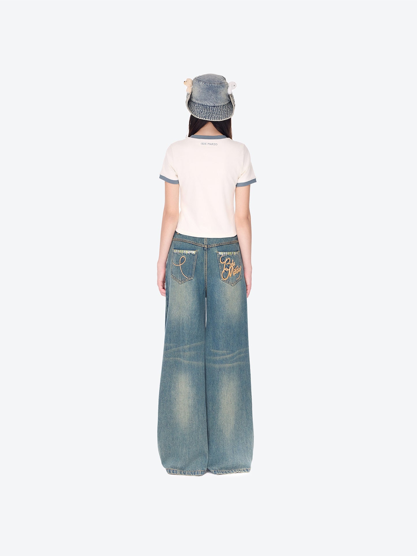 13DE MARZO Ripped Check Wide-Leg Trousers Blue - 13DE MARZO