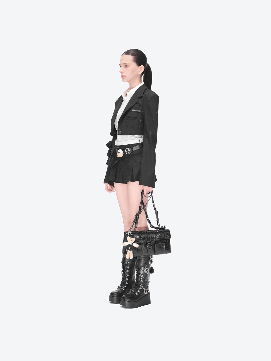 13DE MARZO Pocket Blazer Pleated Skirt Black