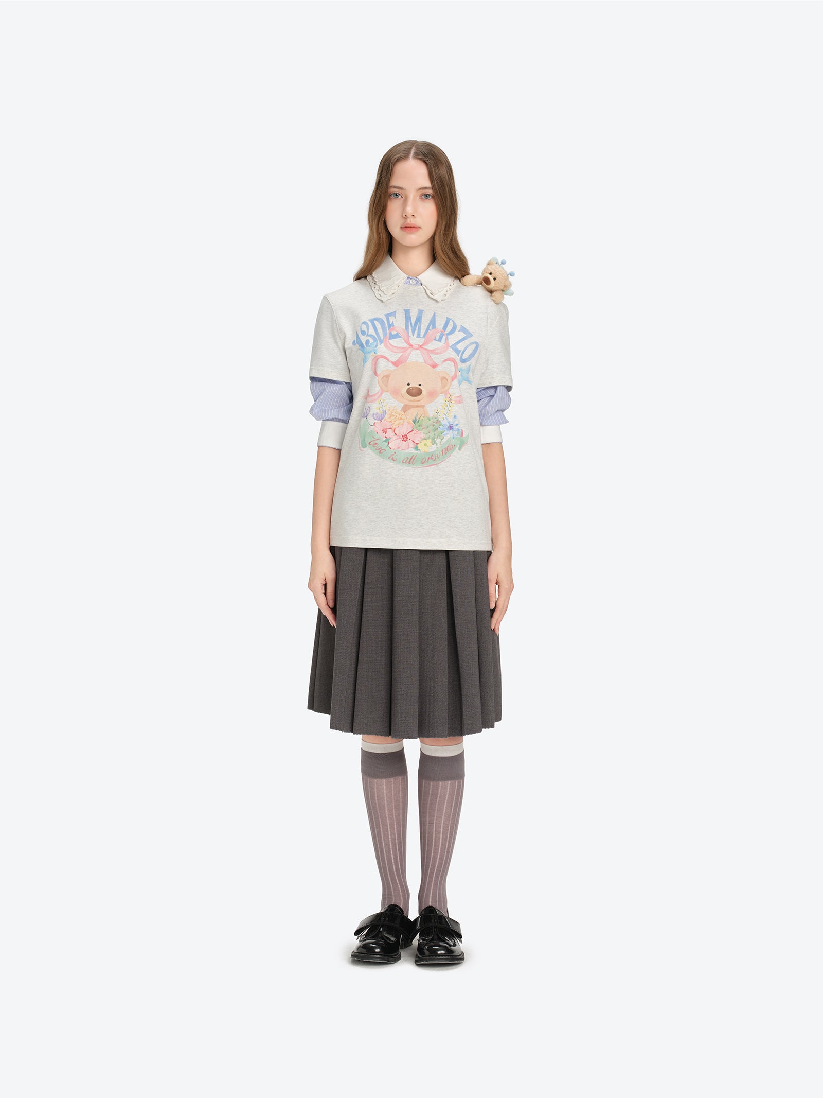 13DE MARZO Floral Bear Illustration T-Shirt Grey - 13DE MARZO