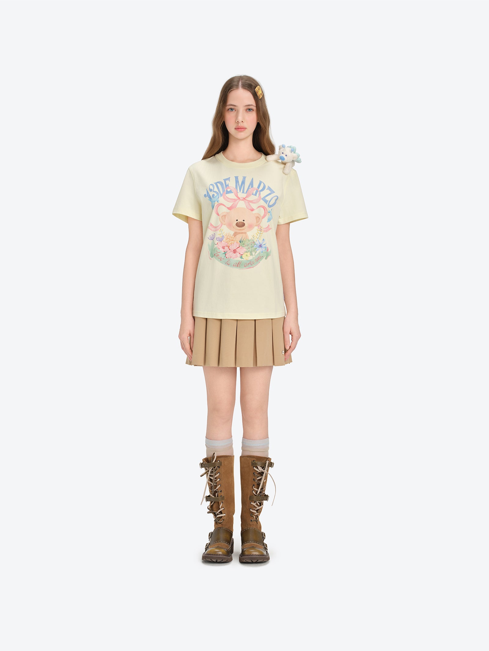 13DE MARZO Floral Bear Illustration T-Shirt Yellow - 13DE MARZO