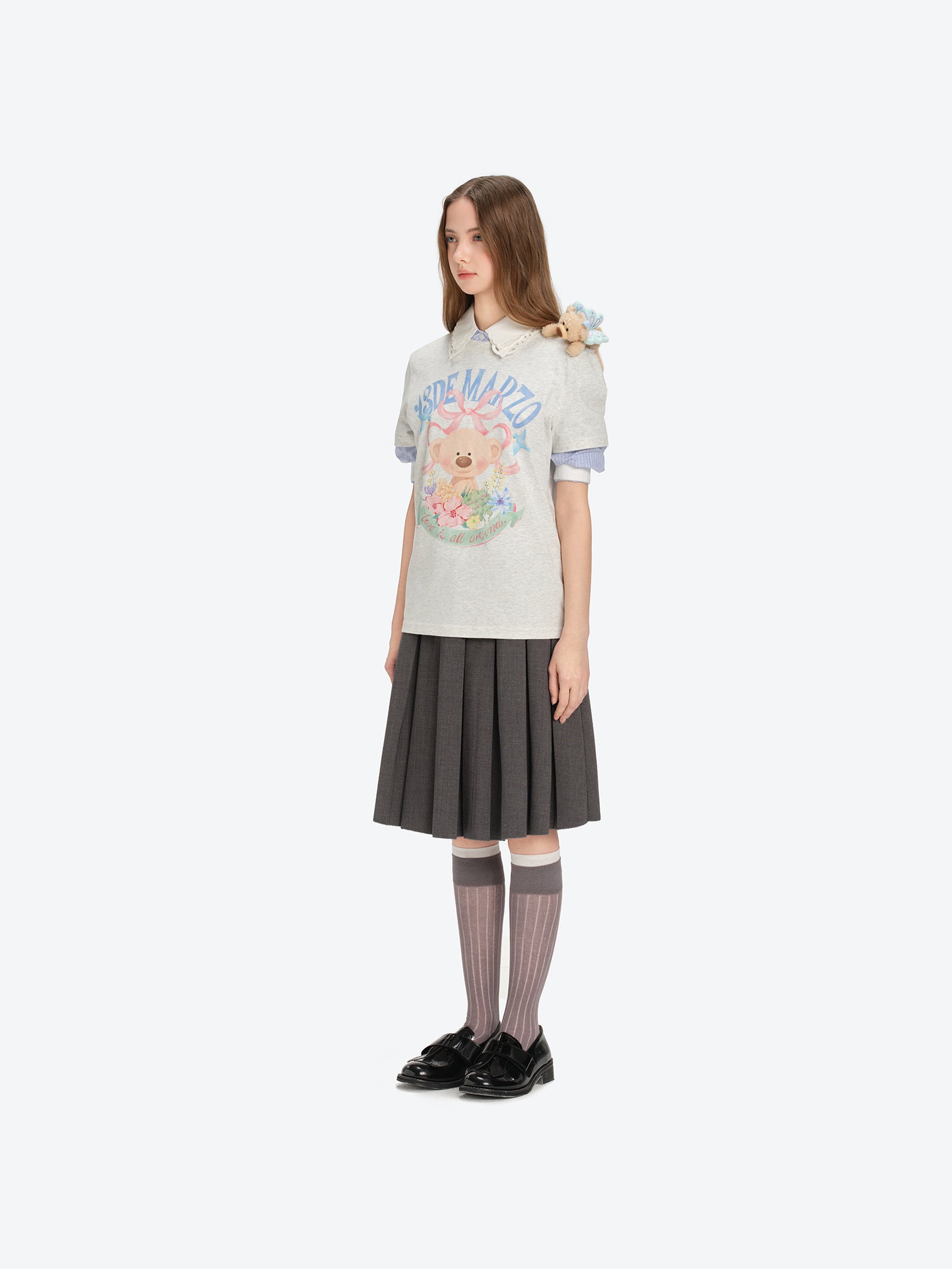 13DE MARZO Floral Bear Illustration T-Shirt Grey - 13DE MARZO