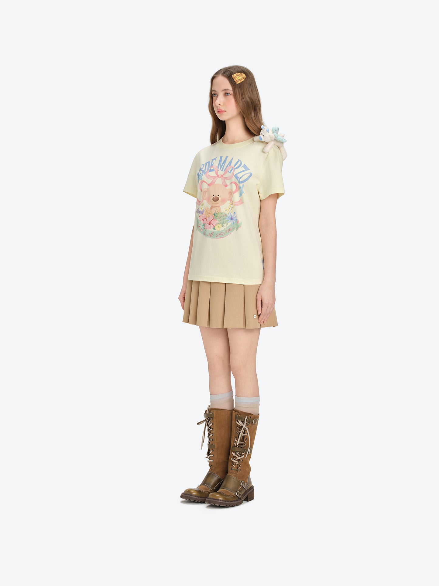 13DE MARZO Floral Bear Illustration T-Shirt Yellow - 13DE MARZO