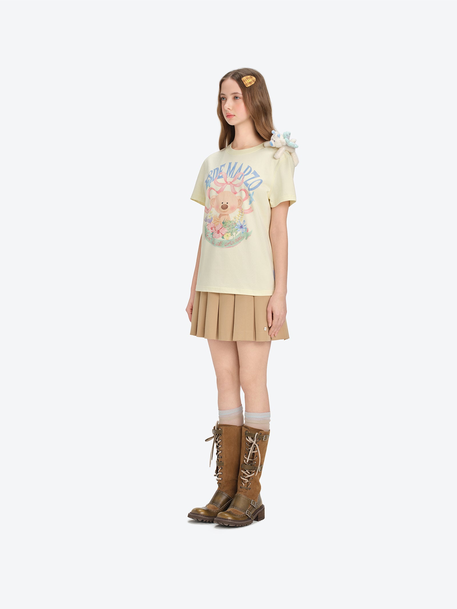 13DE MARZO Floral Bear Illustration T-Shirt Yellow - 13DE MARZO