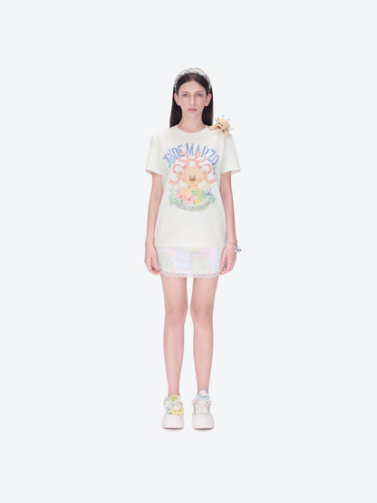 13DE MARZO Floral Bear Illustration T-Shirt White - 13DE MARZO