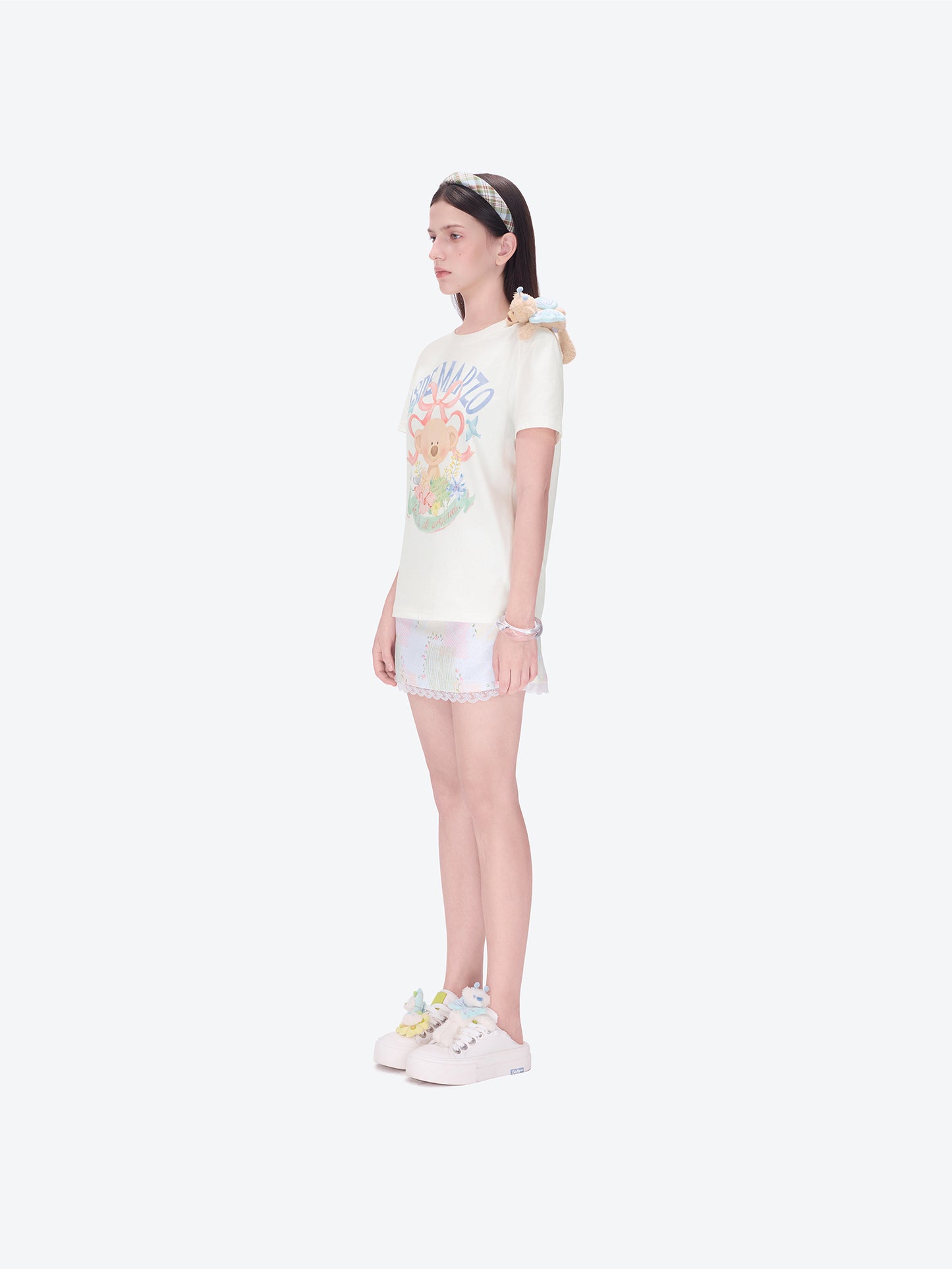 13DE MARZO Floral Bear Illustration T-Shirt White - 13DE MARZO