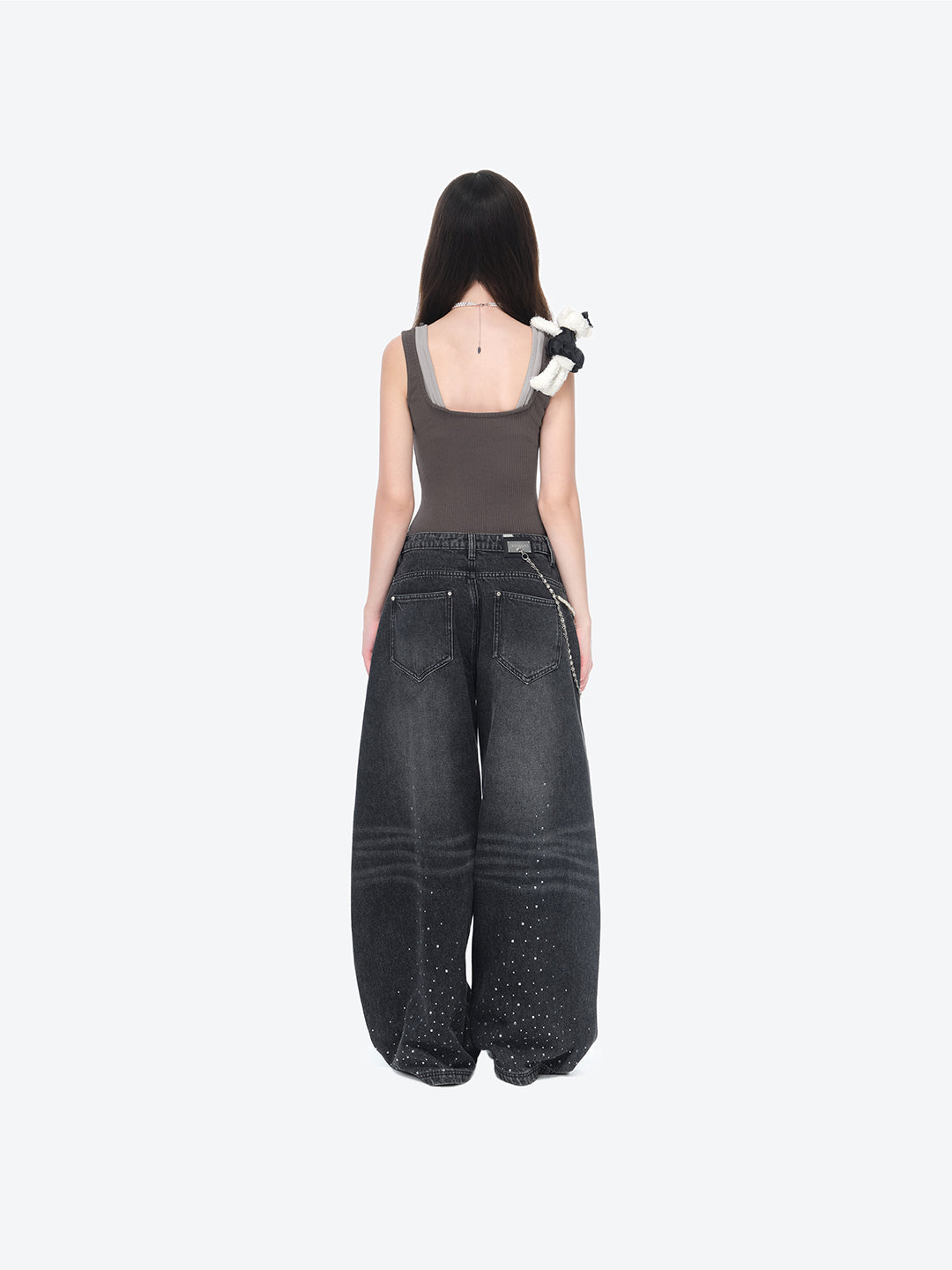 13DE MARZO Faux Rhinestones Pearl Chains Jeans Black