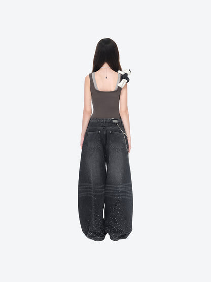 13DE MARZO Faux Rhinestones Pearl Chains Jeans Black