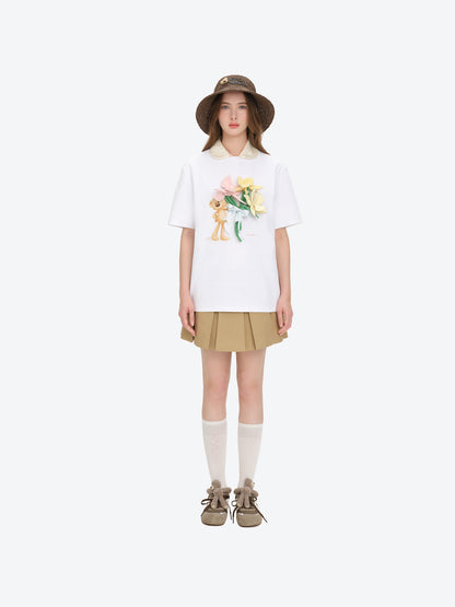 13DE MARZO Bear Offering Flowers 3D T-shirt White - 13DE MARZO