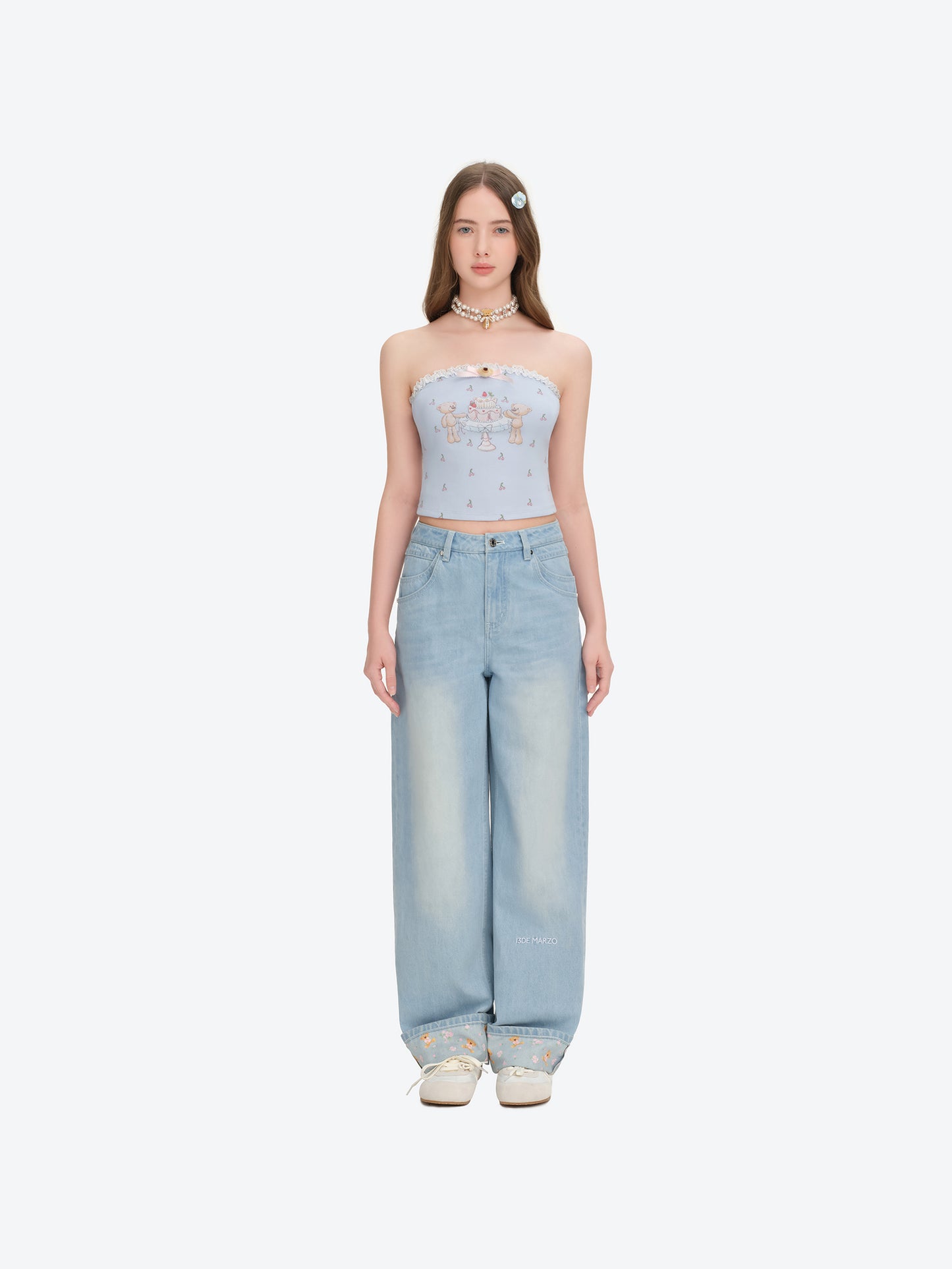 13DE MARZO All-Over Cherry Bear Print Tiered Bustier Blue