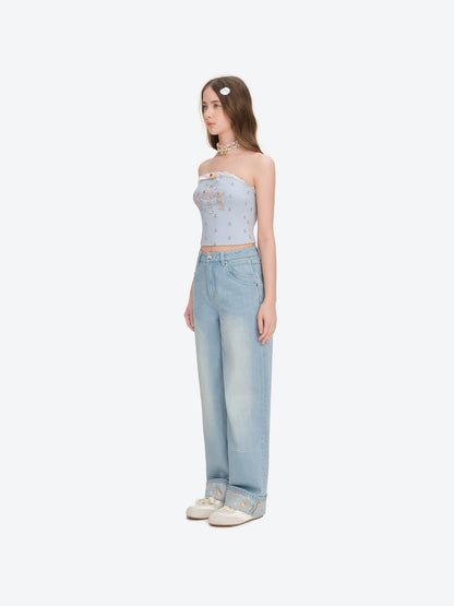 13DE MARZO All-Over Cherry Bear Print Tiered Bustier Blue