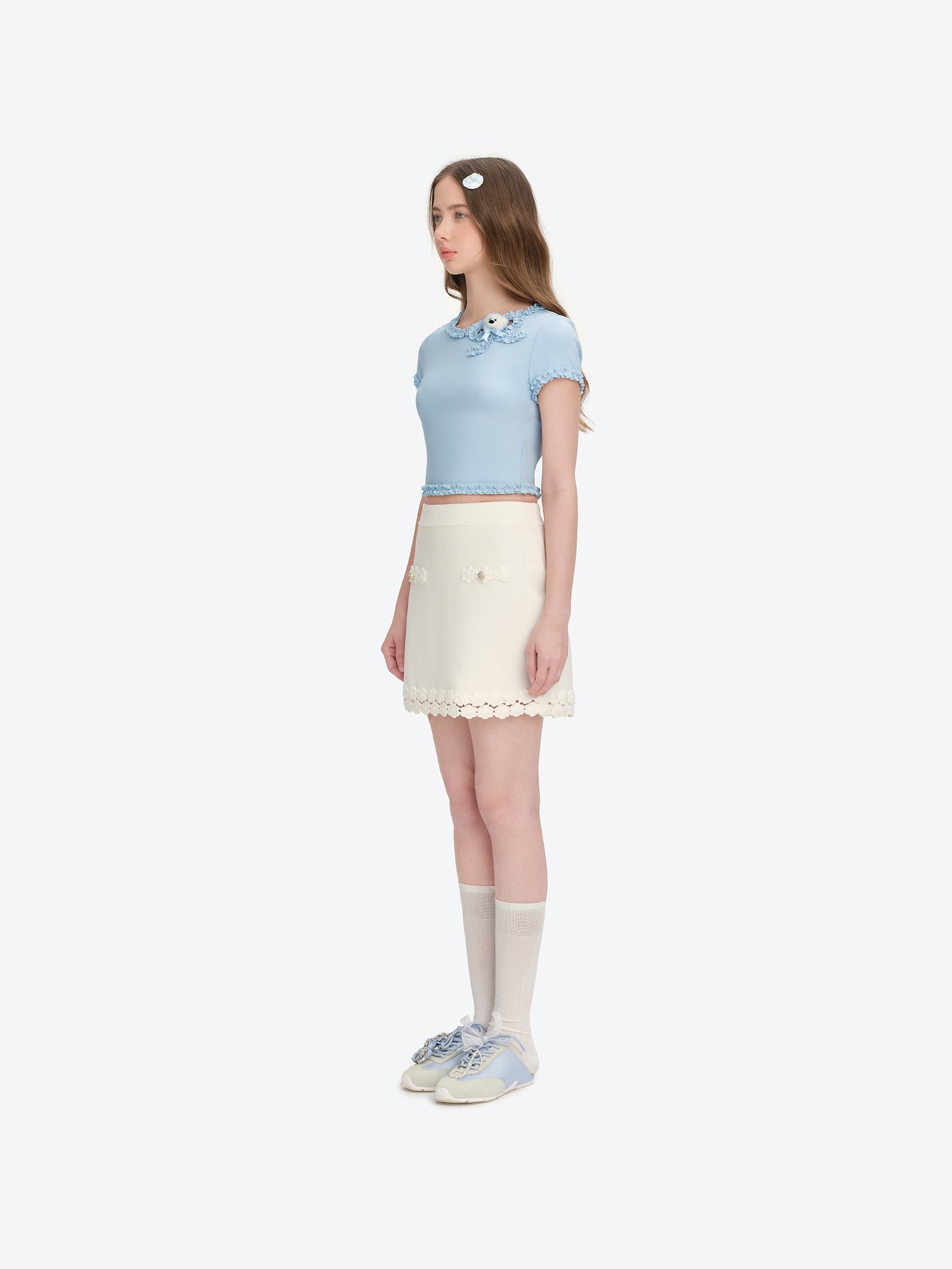 13DE MARZO Ruffle Hem Bow Tie Blouse Blue - 13DE MARZO