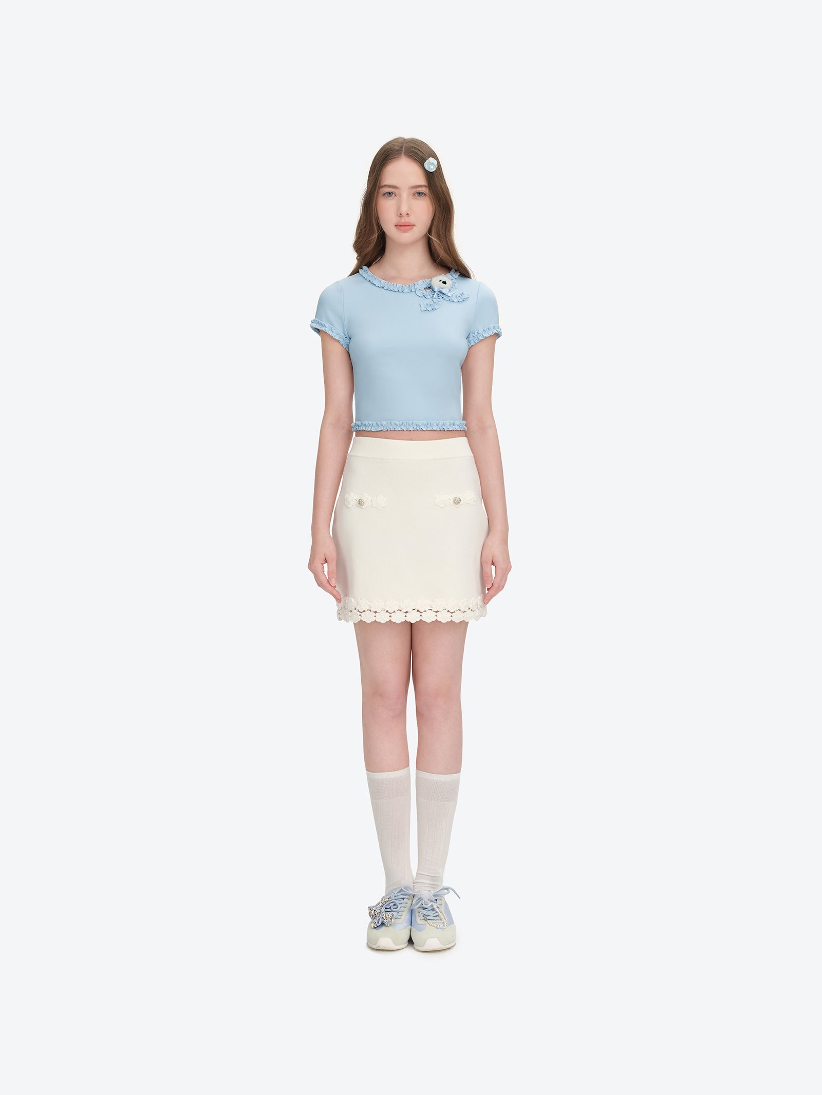 13DE MARZO Ruffle Hem Bow Tie Blouse Blue - 13DE MARZO