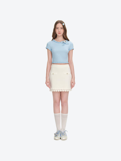 13DE MARZO Ruffle Hem Bow Tie Blouse Blue - 13DE MARZO