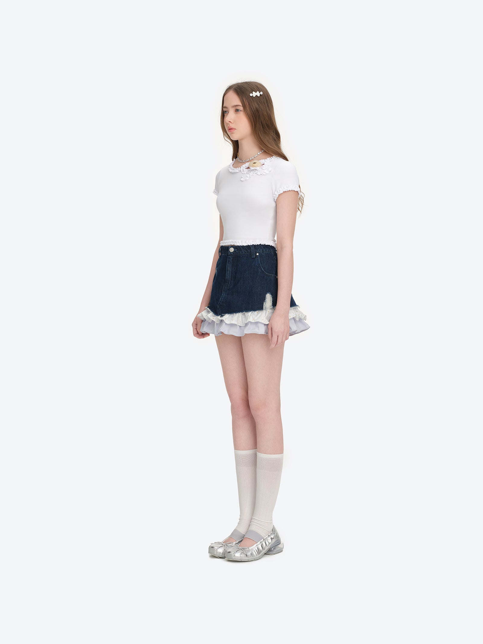 13DE MARZO Ruffle Hem Bow Tie Blouse White - 13DE MARZO
