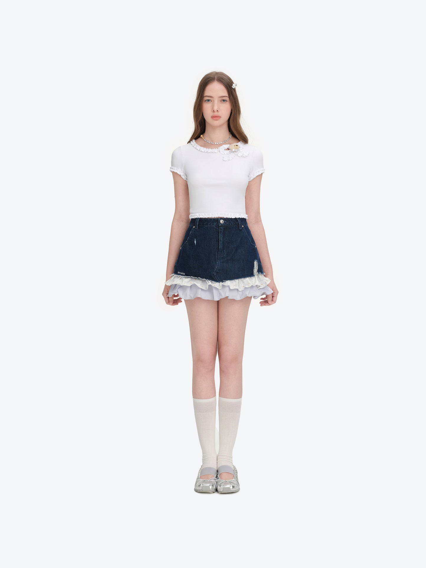13DE MARZO Ruffle Hem Bow Tie Blouse White - 13DE MARZO