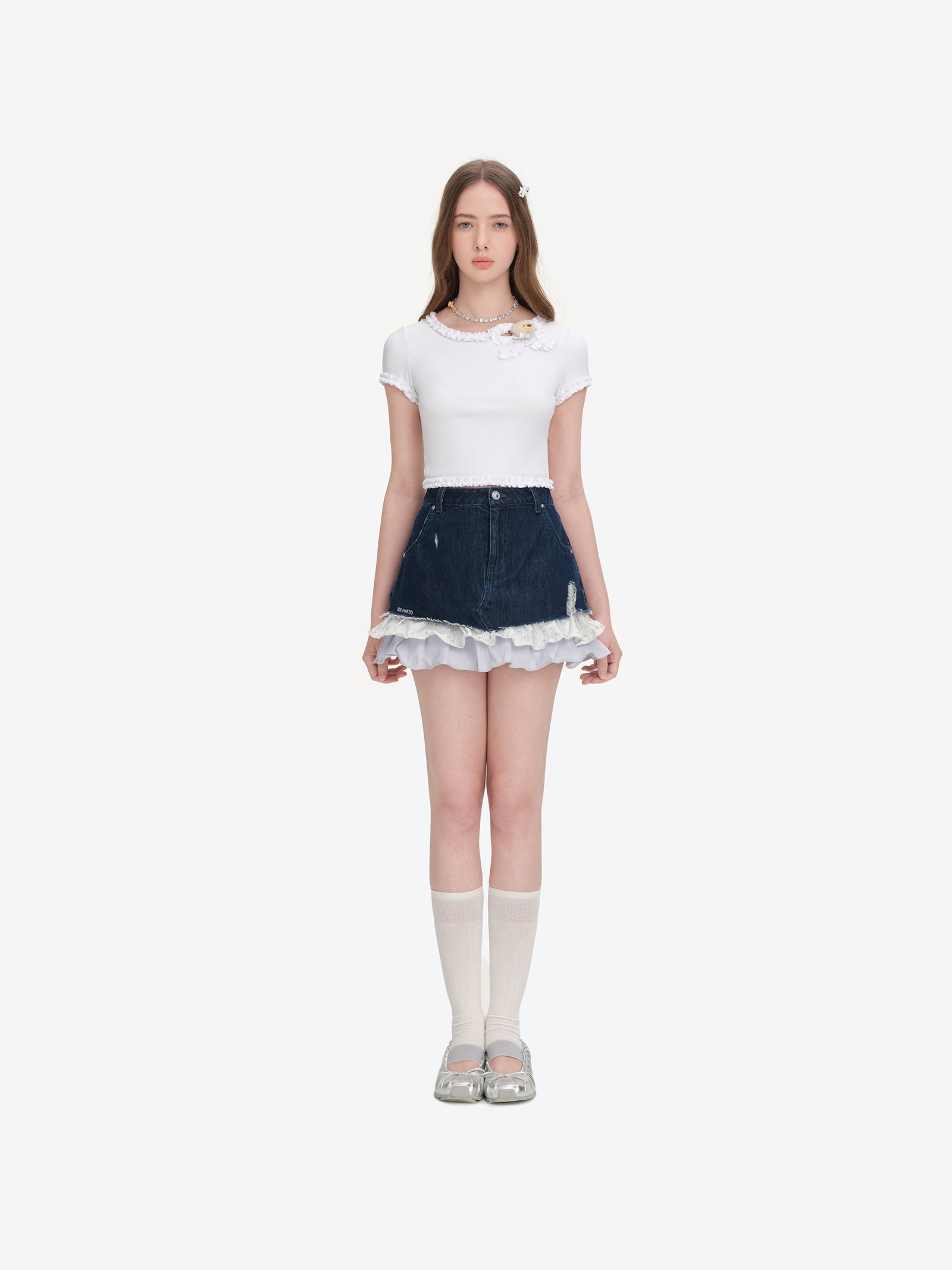 13DE MARZO Ruffle Hem Bow Tie Blouse White - 13DE MARZO