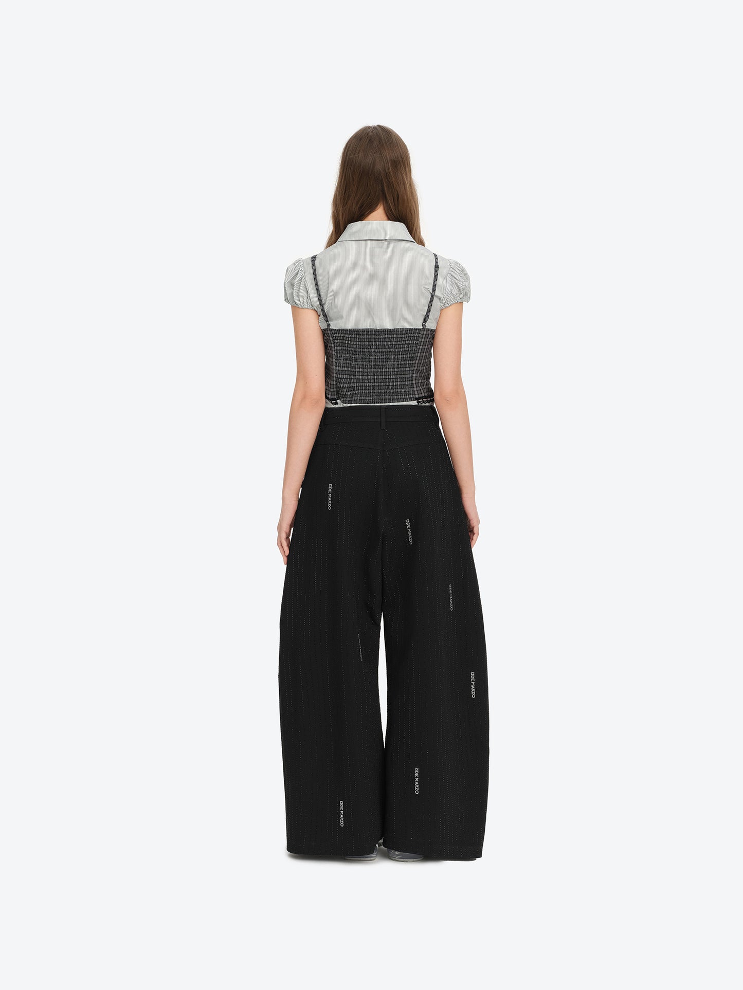 13DE MARZO Curved-Hem Stripe Rhinestone Trousers Black