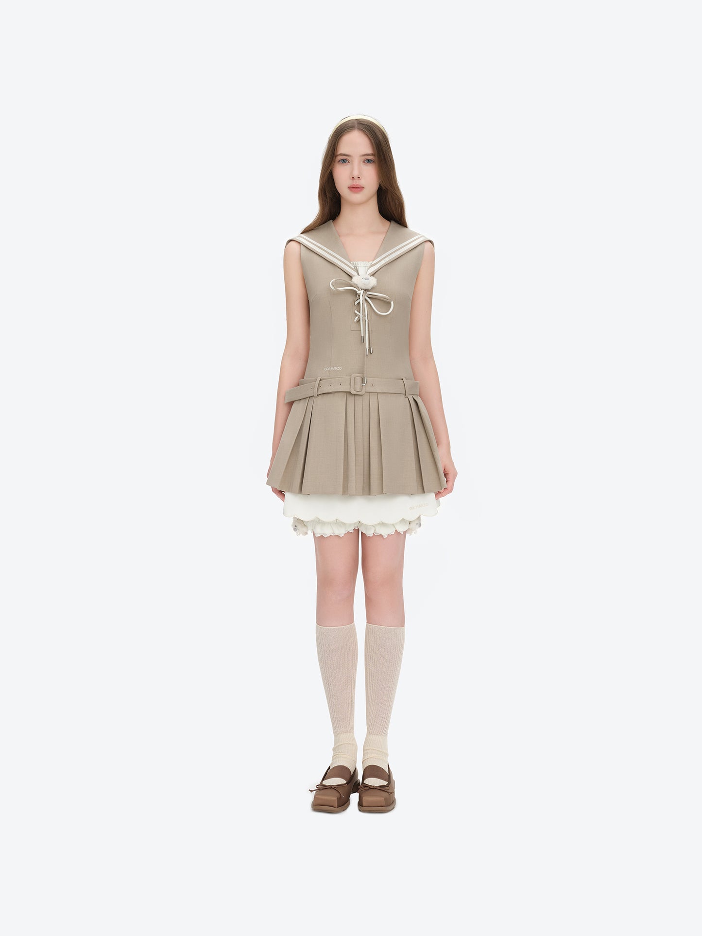 13DE MARZO Sailor Collar Dress Two-Piece Set Khaki - 13DE MARZO