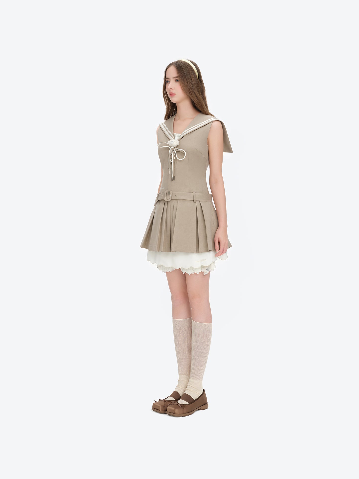 13DE MARZO Sailor Collar Dress Two-Piece Set Khaki - 13DE MARZO