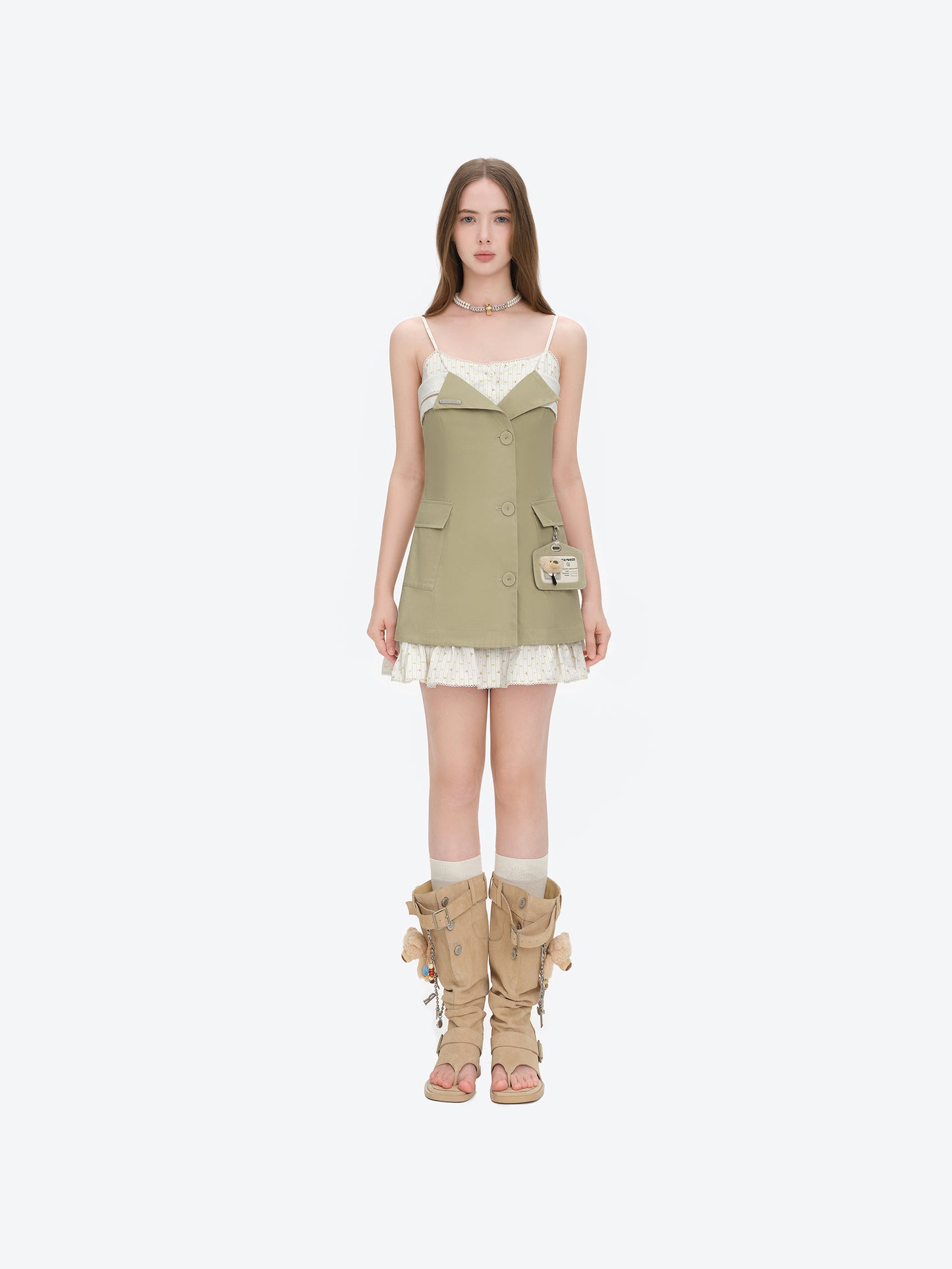 13DE MARZO Two-piece Style Blazer with Badge Dress Khaki - 13DE MARZO