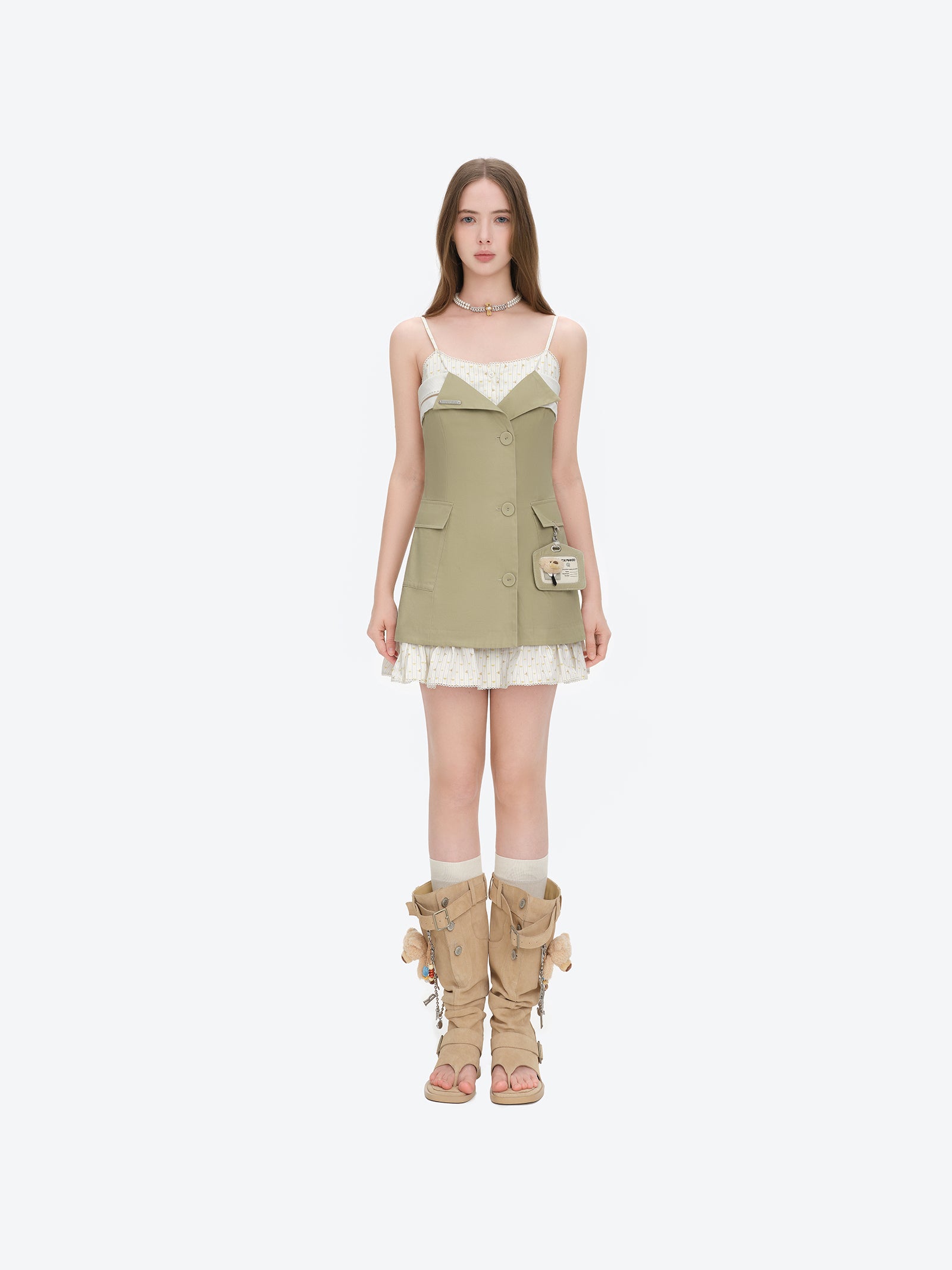 13DE MARZO Two-piece Style Blazer with Badge Dress Khaki - 13DE MARZO