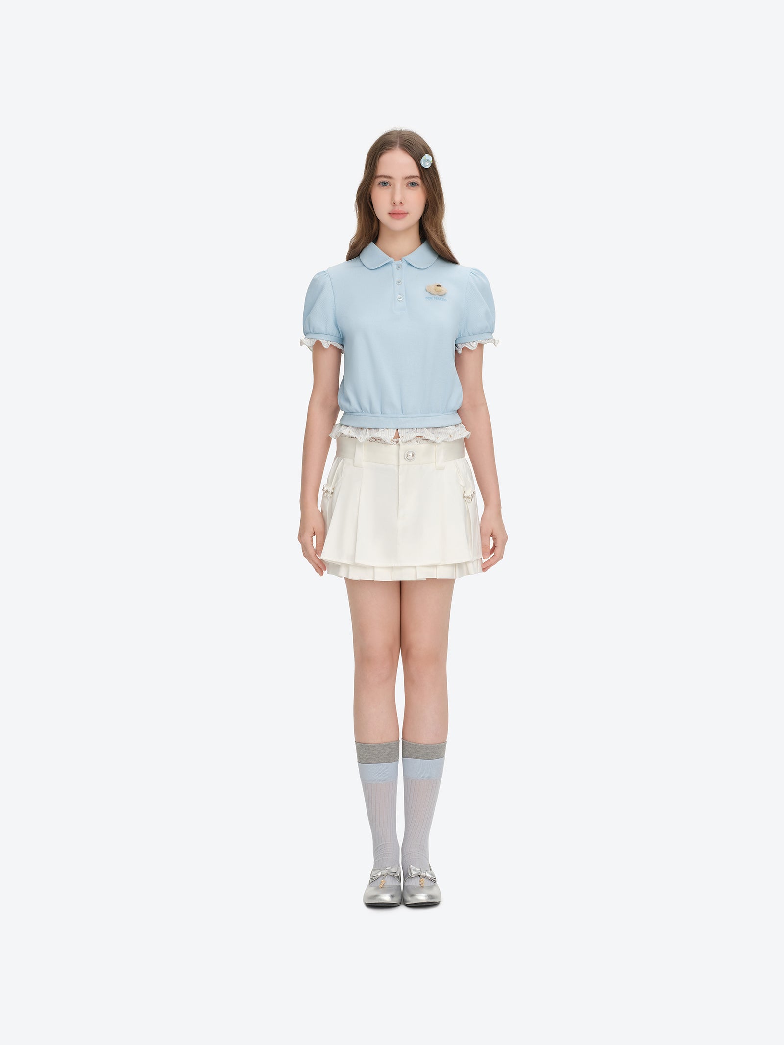 13DE MARZO Smocked Puff Sleeve Polo Style T-shirt - 13DE MARZO
