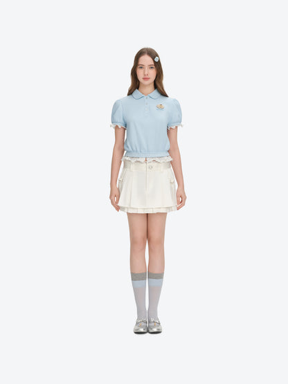 13DE MARZO Smocked Puff Sleeve Polo Style T-shirt - 13DE MARZO