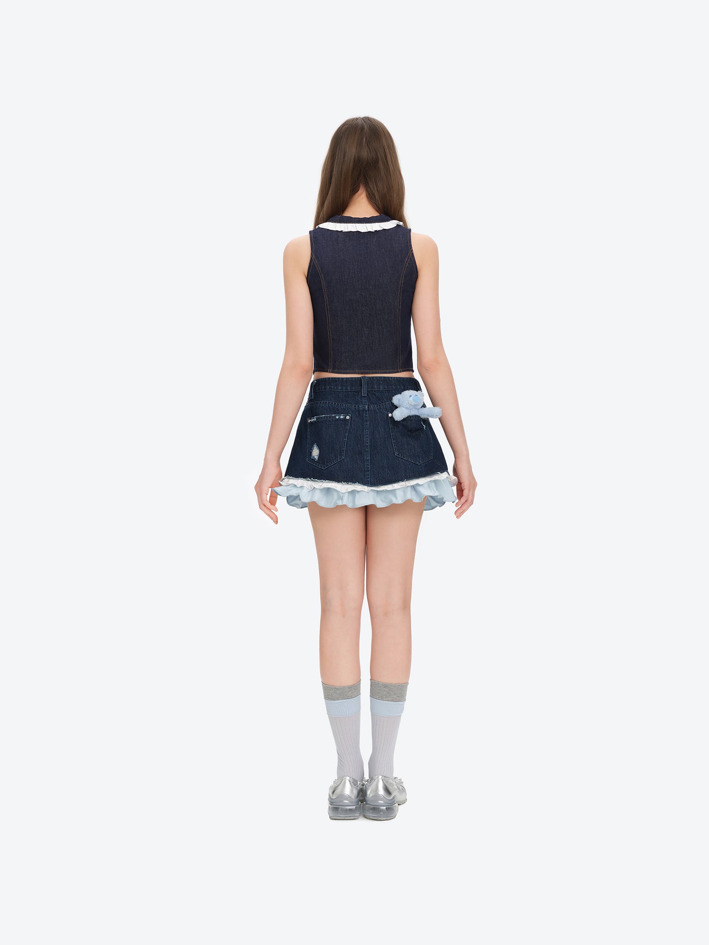 13DE MARZO Two-piece Style Smocked Denim Skirt Navy Blue