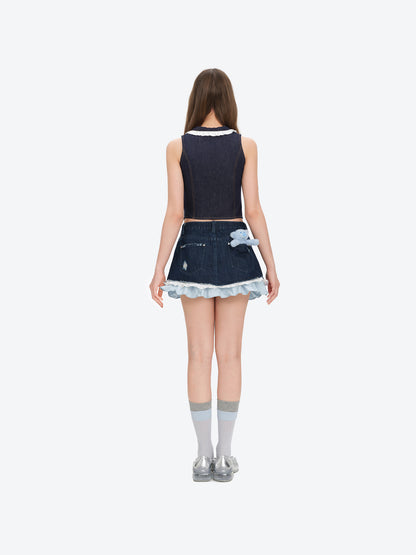 13DE MARZO Two-piece Style Smocked Denim Skirt Navy Blue