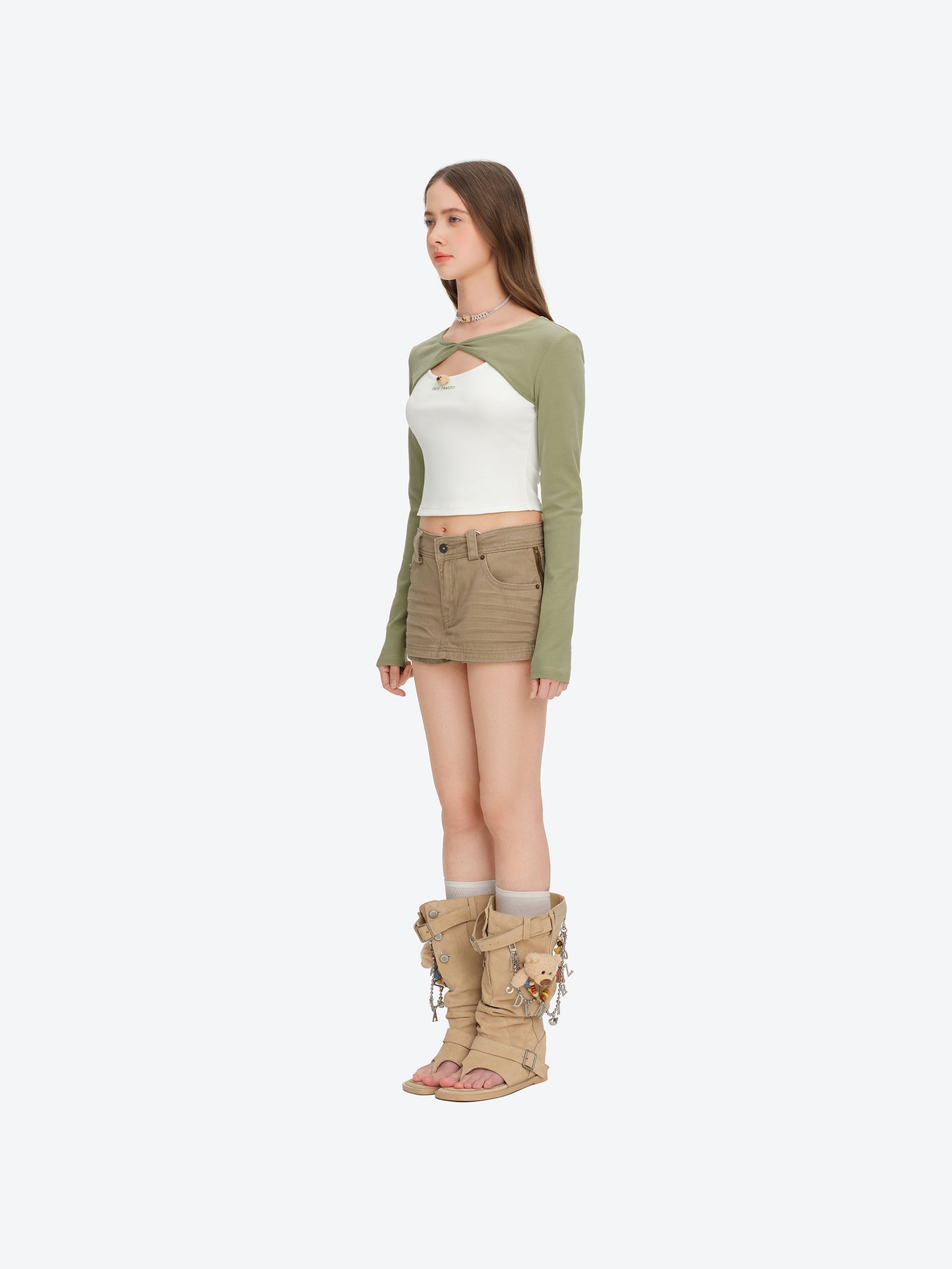 13DE MARZO Knitted Lace-Up Two-Piece Long Sleeve Set Green