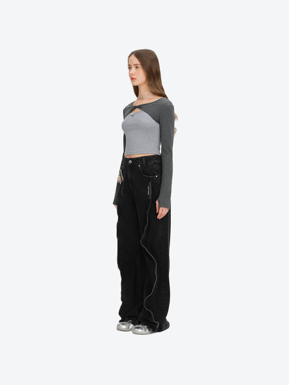 13DE MARZO Knitted Lace-Up Two-Piece Long Sleeve Set Dark Grey