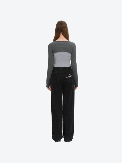 13DE MARZO Knitted Lace-Up Two-Piece Long Sleeve Set Dark Grey