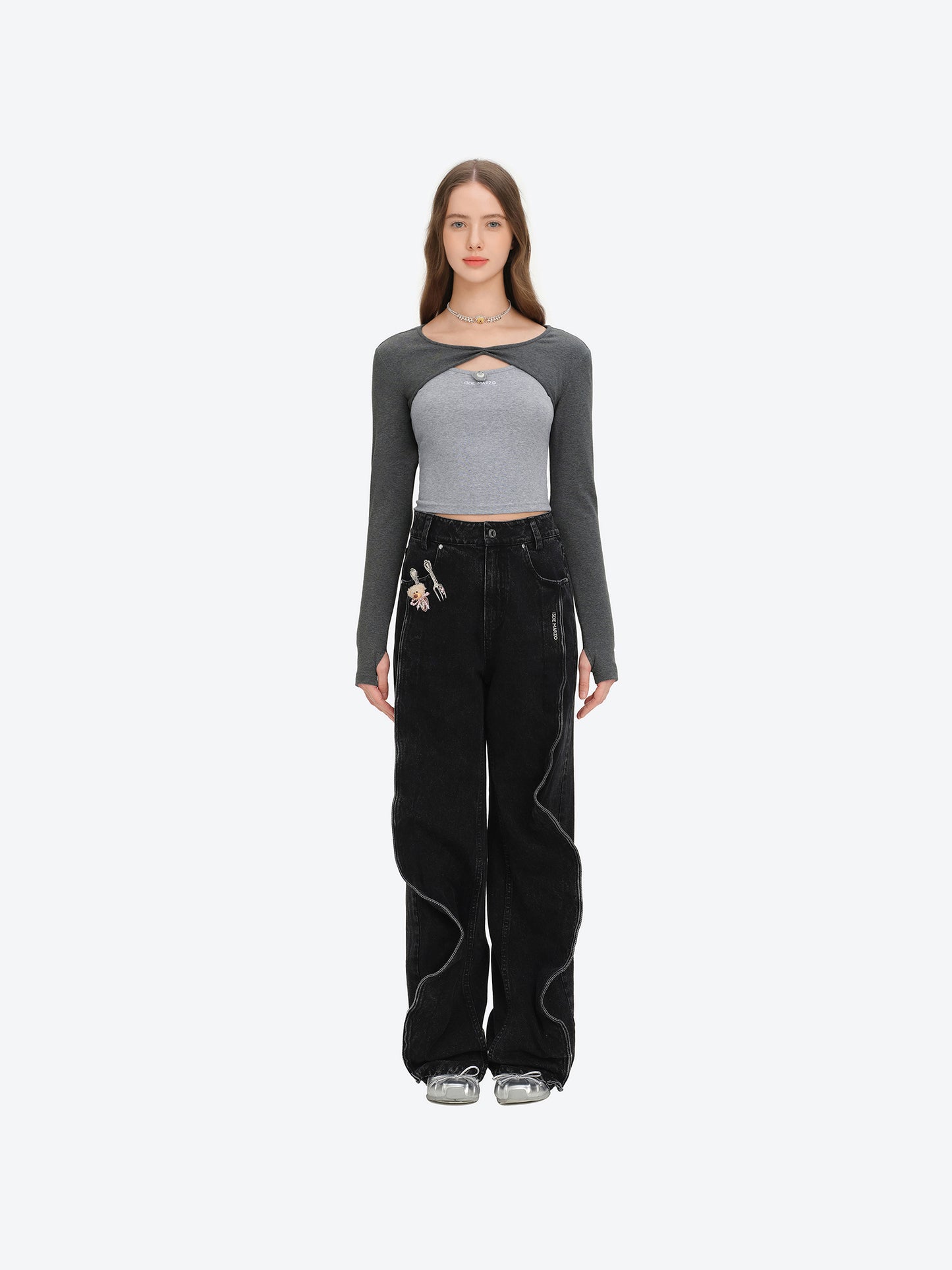 13DE MARZO Knitted Lace-Up Two-Piece Long Sleeve Set Dark Grey