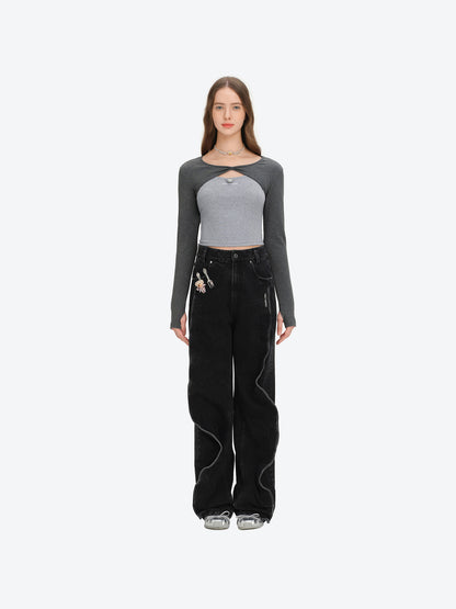 13DE MARZO Knitted Lace-Up Two-Piece Long Sleeve Set Dark Grey