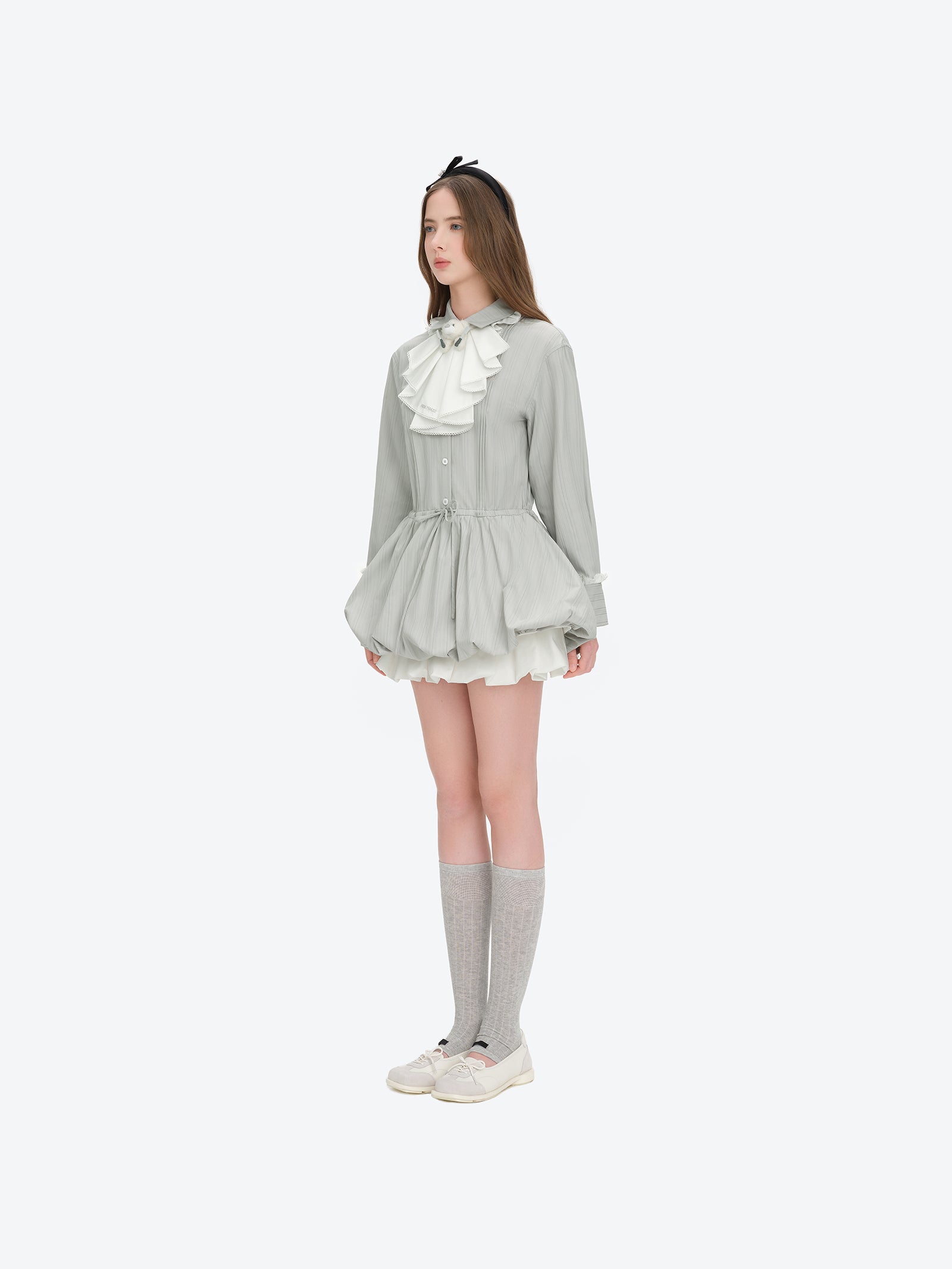 13DE MARZO Smocked Bouquet Sleeve Long Dress Grey - 13DE MARZO