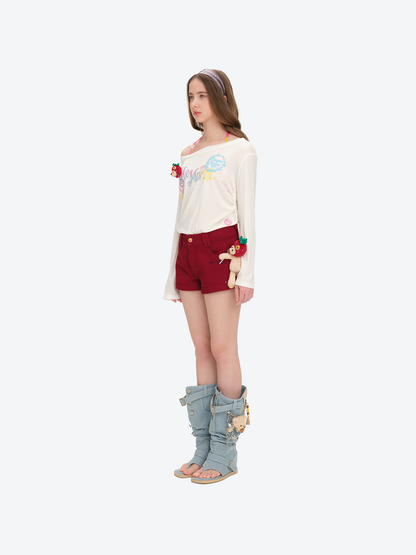 13DE MARZO Lollipop V-Waist Slim-Fit Shorts Red - 13DE MARZO