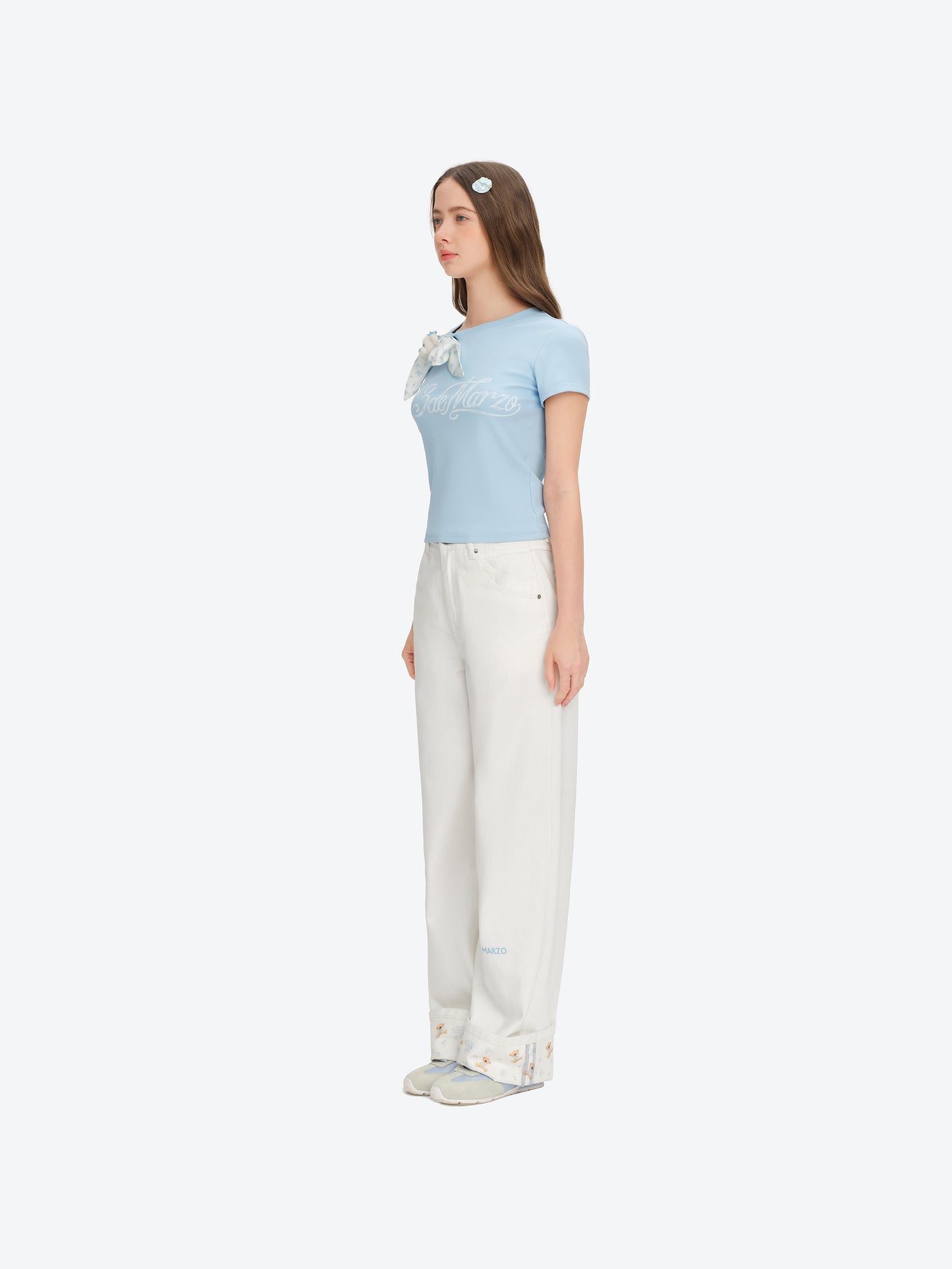 13DE MARZO Cross-Over Collar Button-Strap T-shirt Blue