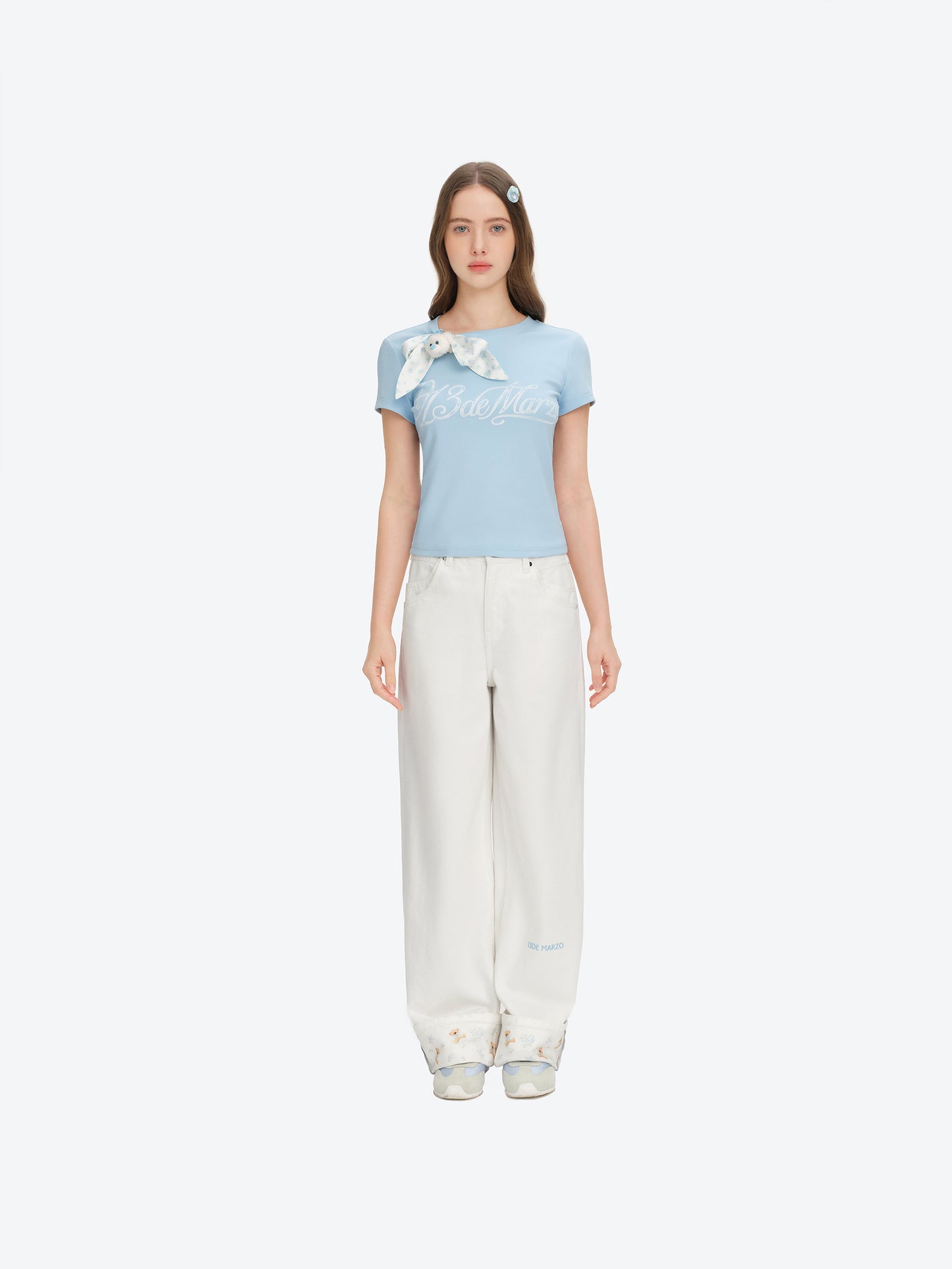 13DE MARZO Cross-Over Collar Button-Strap T-shirt Blue